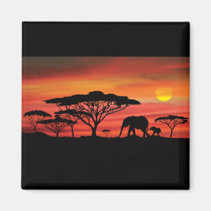 Imán Elefante y puesta de sol naranja en el Serengeti