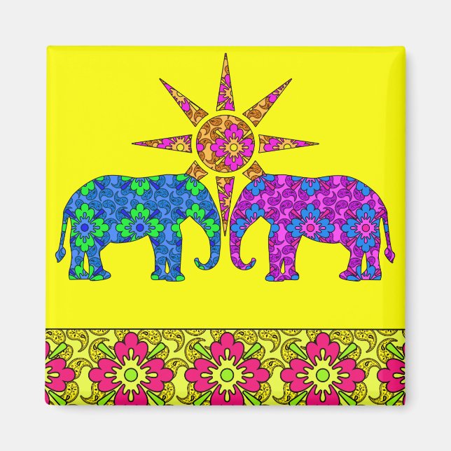 Imán Elefantes Paisley brillantes y brillantes Amarillo (Frente)