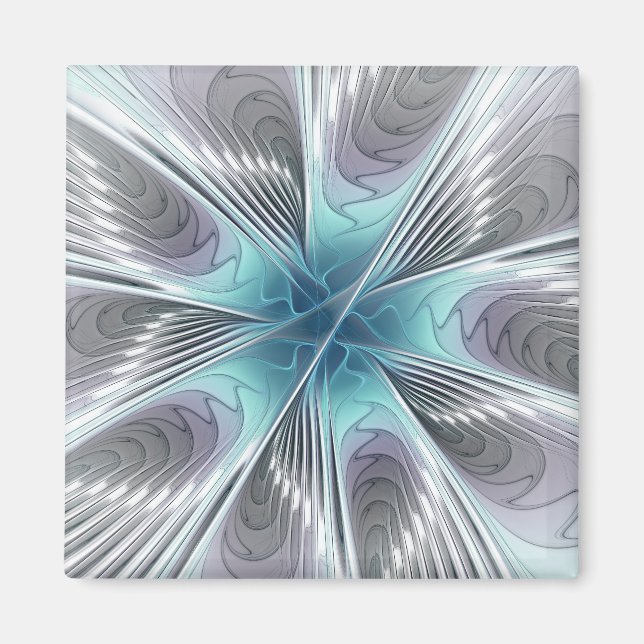 Imán Elegancia Flor de Arte Fractal Blanco Gris Azul (Frente)