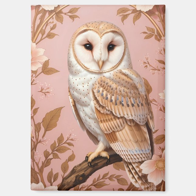 Imán Elegant Barn Owl Pink and Gold Floral  (Anverso)