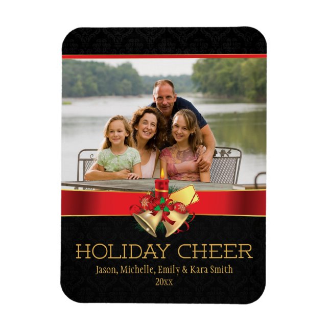 Imán Elegant black red gold holiday cheer photo magnet (Vertical)