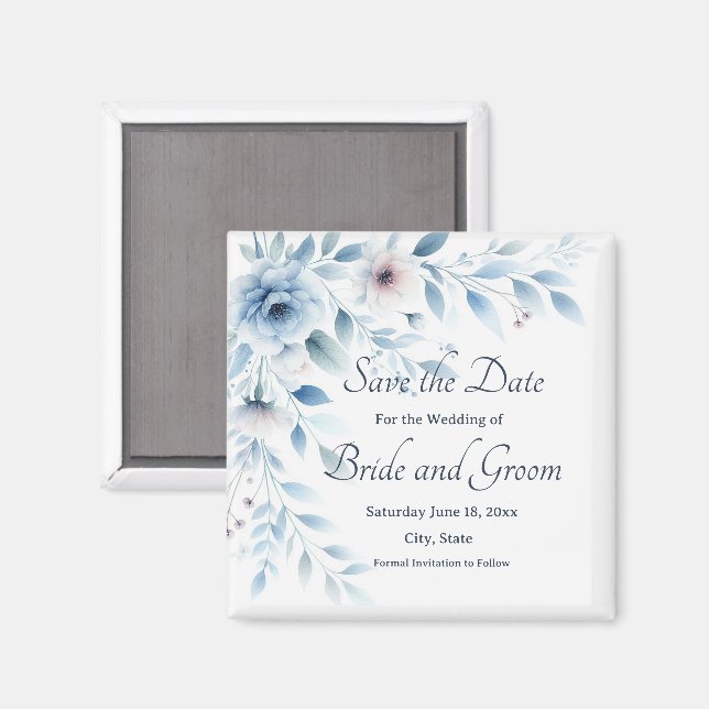 Imán Elegant Blue Floral Wedding Save the Date Magnet (Anverso/Reverso)