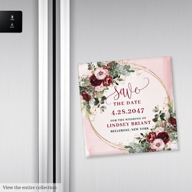 Imán Elegant Boho Burgundy Blush Gold Floral Magnet (You want to be unique? This watercolor burgundy and blush floral save the date magnet is the perfect)
