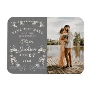 Imán Elegant dusty gray & white floral save the date in