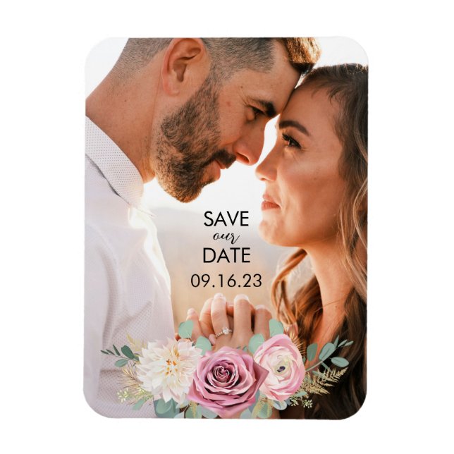 Imán Elegant Floral Pink Black Save the Date Magnet (Vertical)