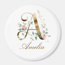 Imán Elegant Gold Floral Letter A Round Fridge Magnet