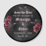 Imán Elegant Gothic Rose Save the Date Magnet<br><div class="desc">Dark and moody Save the Date magnet with dark red roses,  bats and spider webs. Has a smoky black watercolor background. Blackletter typography adds to the gothic feel of the announcement. See our coordinating items as well.</div>