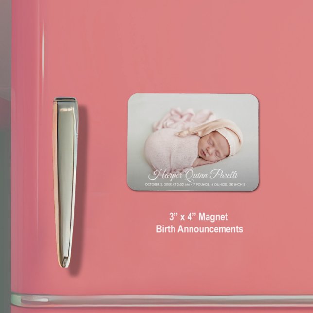 Imán Elegant Newborn Photo Birth Announcement (Small 3" x 4" magnet birth announcements (4" x 6" and 5" x 7" in our collection.))
