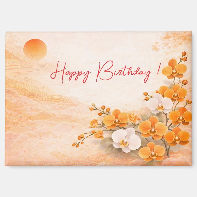 Imán Elegant Orange Orchid Birthday (Anverso)