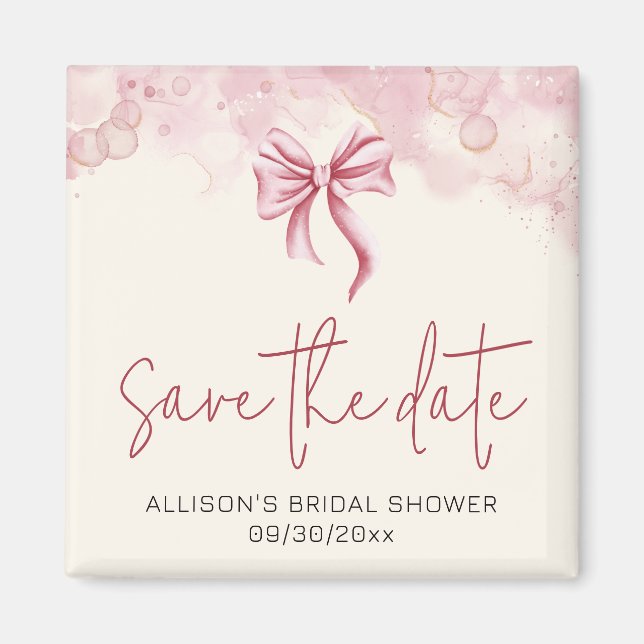 Imán Elegant Pink Bow Save the Date Bridal Shower (Frente)