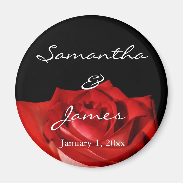 Imán Elegant Red Rose on Black Personalized Wedding (Frente)