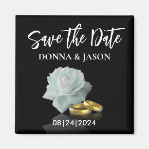 Imán Elegant Save the Date White Rose Gold Rings Script