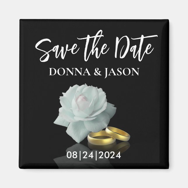 Imán Elegant Save the Date White Rose Gold Rings Script (Frente)