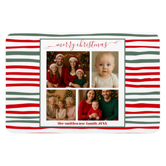 Imán Elegant Stripe family Photo merry Christmas modern (Horizontal)