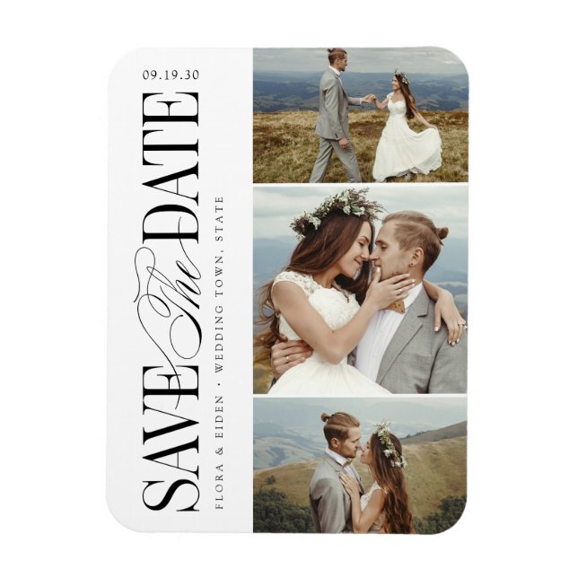 Imán Elegant Timeless Typography 3 Photo Save The Date (Vertical)