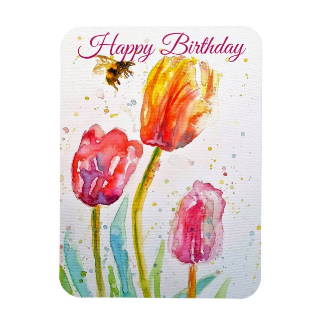 Imán Elegant Tulip and Bee Watercolour Birthday Card (Vertical)