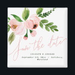 Imán elegant watercolor pink peony save the date<br><div class="desc">Let your friends and family know your special date with this beautiful hand painted watercolor design. Featuring elegant blush pink peony and green foliage with handwritten calligraphy style lettering it will perfectly compliment any wedding style. The text is editable so you can add your own details, </div>
