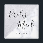 Imán Elegant white marble & silver glitter bridesmaid<br><div class="desc">Stylish design in faux silver glitter & white marble.</div>