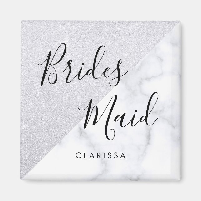 Imán Elegant white marble & silver glitter bridesmaid (Frente)