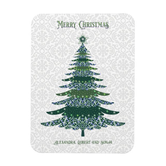 Imán Elegante árbol de Navidad verde blanco personaliza (Vertical)