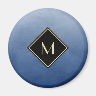 Imán Elegante Azul Cepillado Con Monograma De Oro Simpl