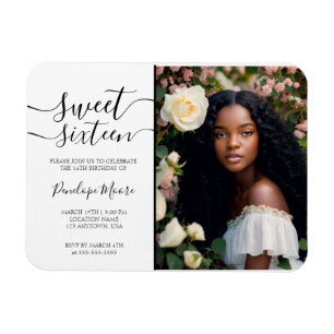 Imán Elegante Black Script Sweet 16 Birthday Photo