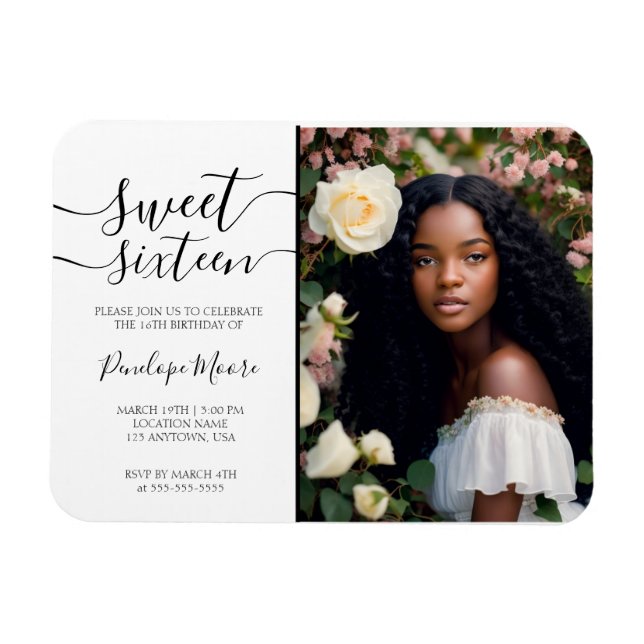 Imán Elegante Black Script Sweet 16 Birthday Photo (Horizontal)