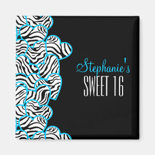 Imán Elegante Blue Sweet 16 Zebra Heart Design Name