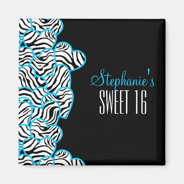 Imán Elegante Blue Sweet 16 Zebra Heart Design Name (Frente)