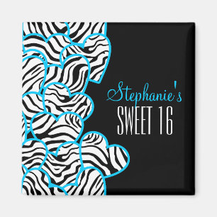 Imán Elegante Blue Sweet 16 Zebra Heart Design Name