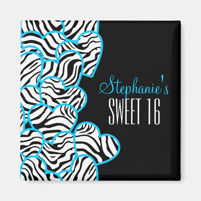 Imán Elegante Blue Sweet 16 Zebra Heart Design Name (Frente)