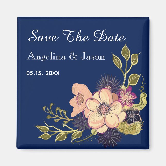 Imán Elegante Boda Azul De La Marina Salva La Fecha (Frente)