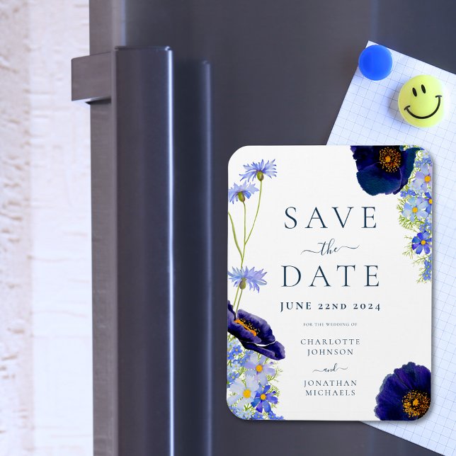Imán Elegante Boda azul floral de verano (Elegant wildflower watercolor blue summer floral wedding save the date invitation fridge magnet)