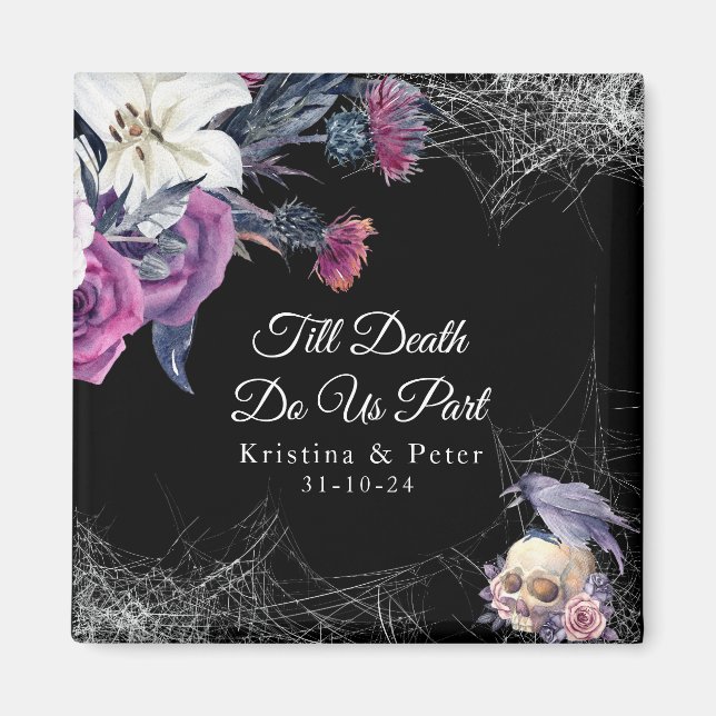 Imán Elegante Boda de cráneo floral gótico morado negro (Frente)