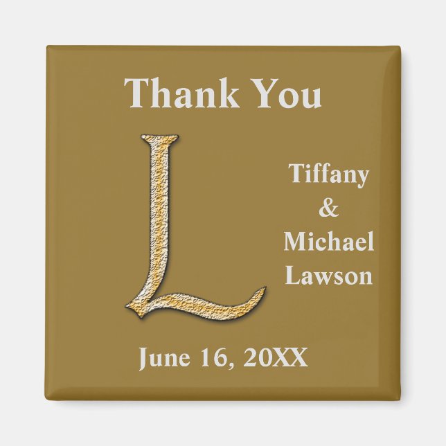 Imán Elegante Boda Dorada Carta Plata L Monograma (Frente)