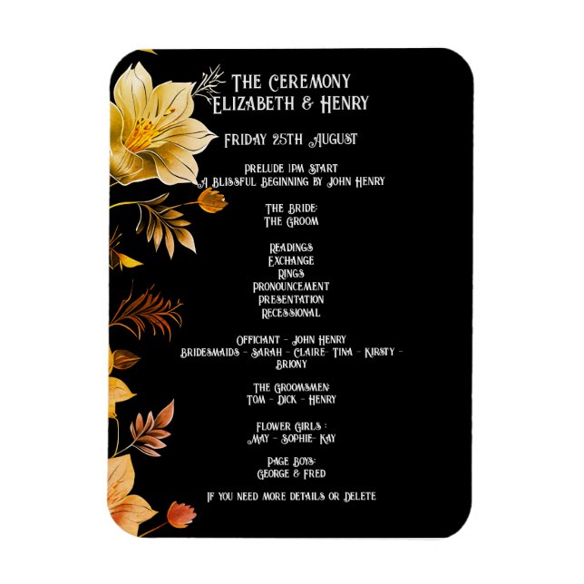Imán Elegante Boda Invitaciones Florales en Negro y Oro (Vertical)