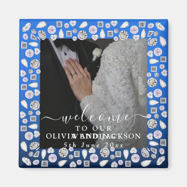 Imán Elegante Boda Purpurina de diamantes de corazón az (Frente)