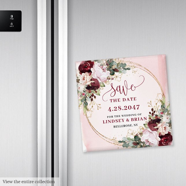 Imán Elegante Boho Borgoña Rubor Floral Dorado Reservar (Elegant Boho Burgundy Blush Gold Floral Save the Date Magnet

)