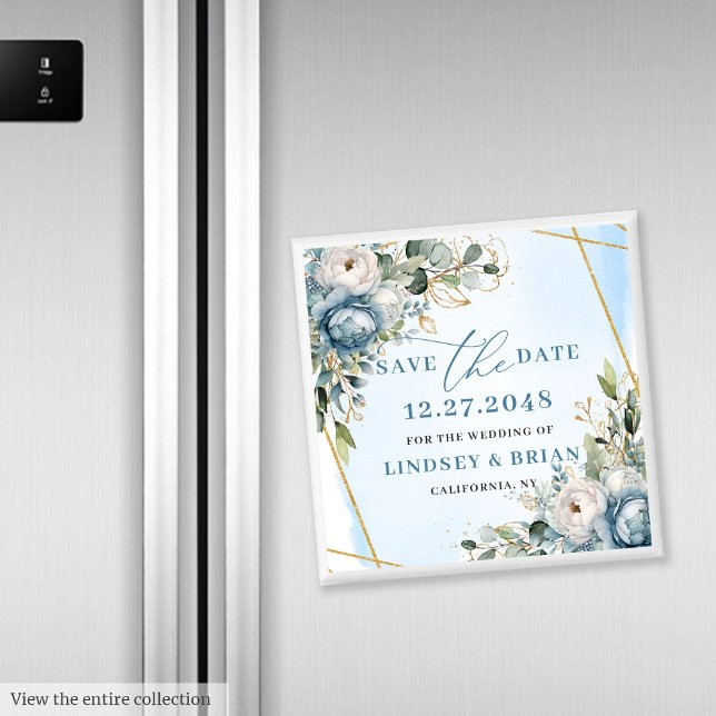 Imán Elegante Boho Peonía Floral Azul Polvoriento Ahorr (Elegant Dusty Blue Peony Floral Save the Date Magnet)