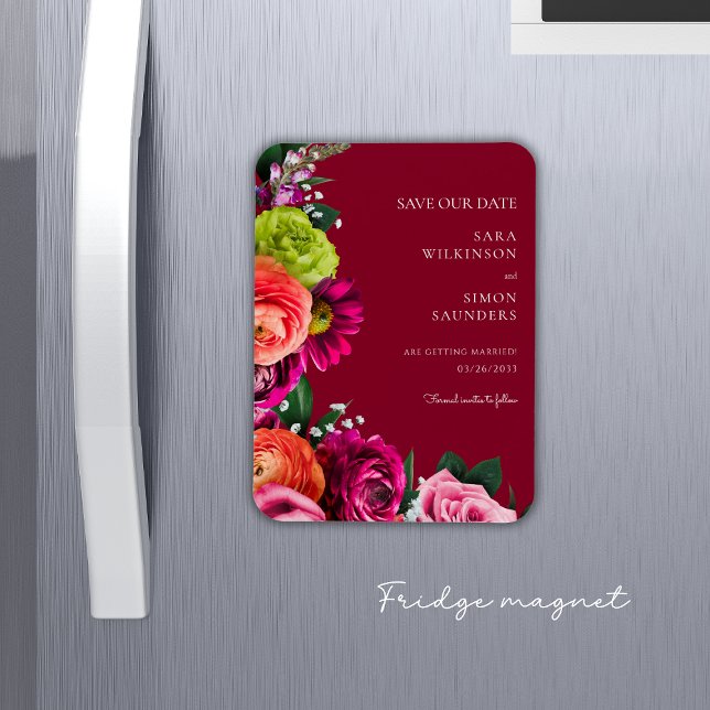 Imán elegante burdeos floral moderno salva la fecha (fun burgundy colorful florals save the date fridge magnet)