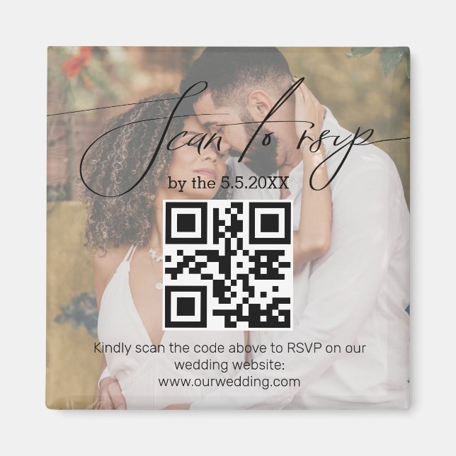 Imán elegante código qr de rsvp boda foto desvanecida (Frente)