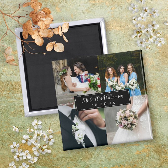 Imán Elegante Colage de Fotos del Día de la Boda (Elegant Wedding Day Photo Collage Magnet)