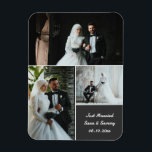 Imán Elegante Collage de fotos de boda con nombres pers<br><div class="desc">Celebra tu día especial con este elegante imán fotográfico boda de personalizable. Con un hermoso diseño de collage de 3 fotos y texto editable para nombres, fecha de boda y mensaje, este imán de keepsake hace el favor perfecto de la boda, gracias regalo o recuerdo para los huéspedes y la...</div>