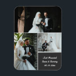 Imán Elegante Collage de fotos de boda con nombres pers<br><div class="desc">Celebra tu día especial con este elegante imán fotográfico boda de personalizable. Con un hermoso diseño de collage de 3 fotos y texto editable para nombres, fecha de boda y mensaje, este imán de keepsake hace el favor perfecto de la boda, gracias regalo o recuerdo para los huéspedes y la...</div>