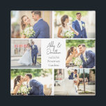 Imán Elegante Collage de fotos de parejas recién casada<br><div class="desc">Este hermoso regalo de imán de keepsake de pareja recién casada presenta un diseño elegante de 6 fotos bodas sobre un fondo blanco con los nombres,  ubicación y fecha de la pareja casada. Una maravillosa foto conmemorativa presente para que tu esposa o marido la atesoren para siempre.</div>