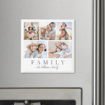 Imán Elegante Collage de fotos familiar personalizado<br><div class="desc">Magnet cuadrado "familiar" personalizado. Este imán cuadrado simple y significativo es una gran manera de celebrar a sus seres queridos. El diseño incluye espacio para cinco fotos favoritas, con "Familia" en la parte inferior de un tipo de letra serif clásico. Debajo de eso, el nombre de su familia aparece en...</div>