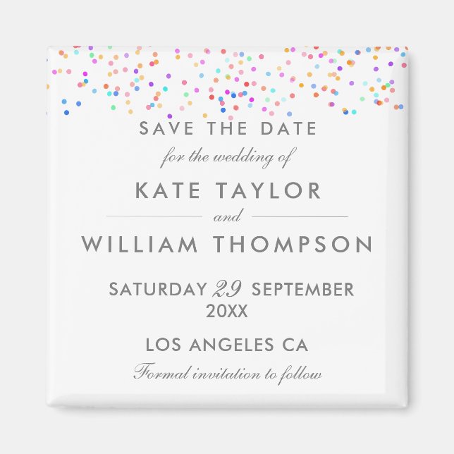 Imán Elegante Confeti de Arcoíris Save The Date (Frente)