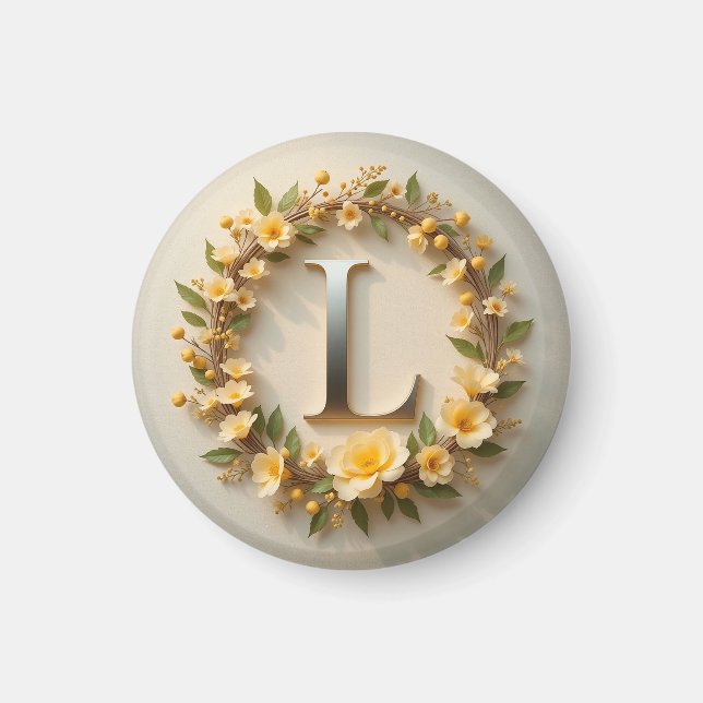Imán Elegante corona floral con letra dorada L (Frente)