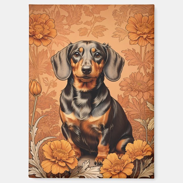 Imán Elegante Dachshund Y Marigoles (Anverso)