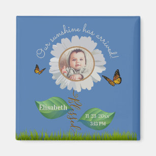 Imán Elegante Daisy Blue Floral Cute Baby Photo & Name